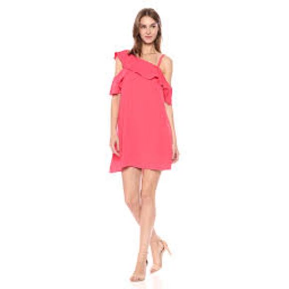 RACHEL Rachel Roy 12 Asymmetrical Ruffle Trapeze Mini Dress Pink Cold Shoulder - Picture 1 of 10
